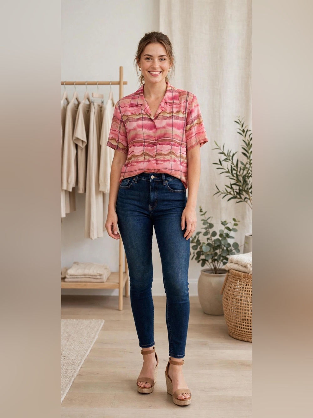 Notations Pink Striped Short Sleeve Button-Front Top